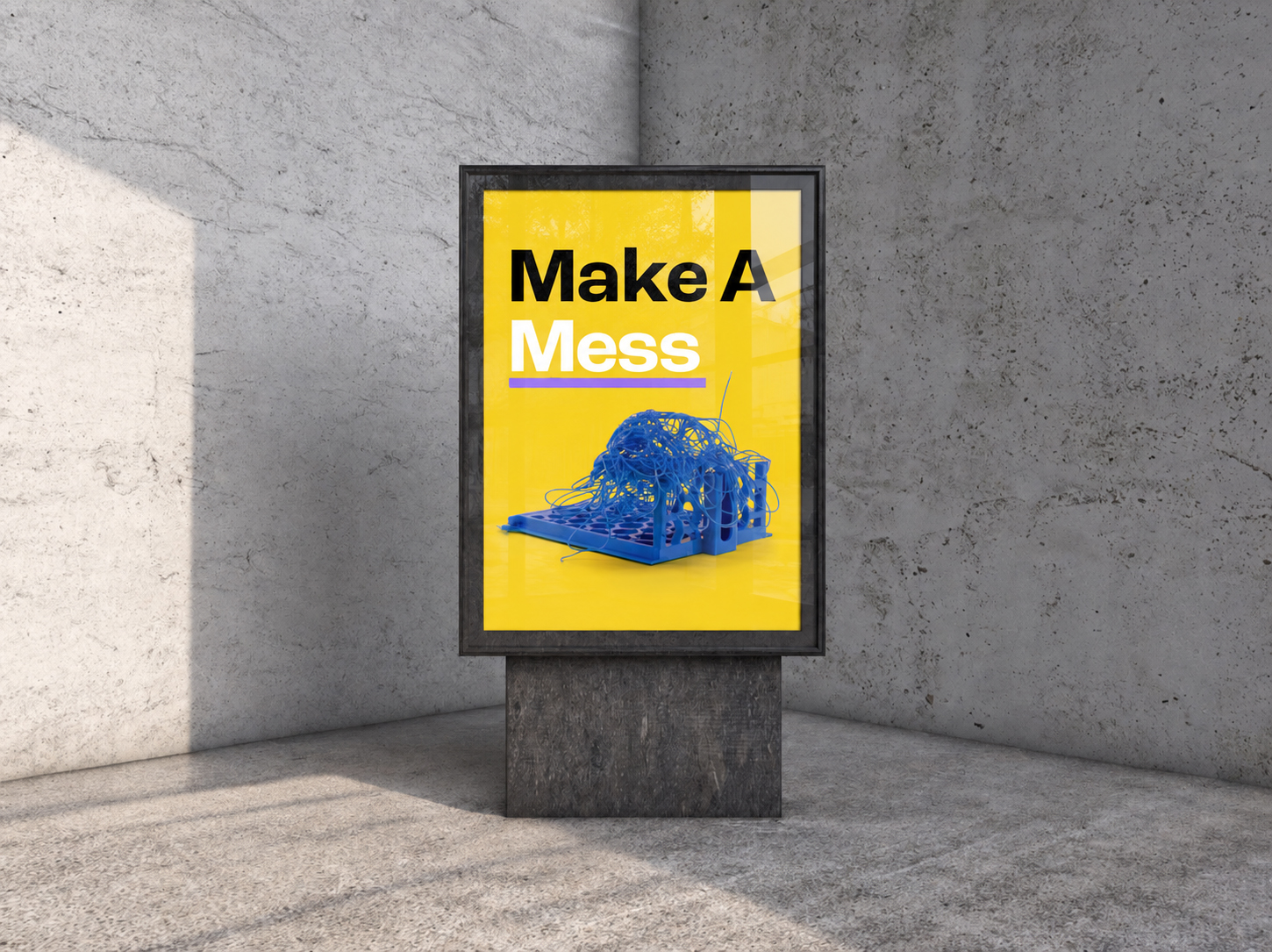 'Make A Mess' poster mockup on a yellow background